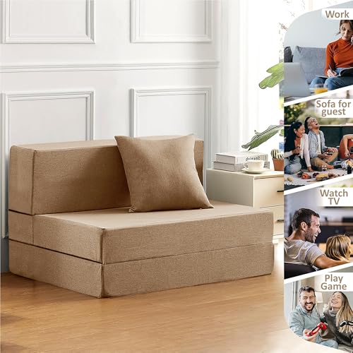 Image of Urban Decor Foldable Sofa Bed 5' X 6' Feet Perfect for Guest Jute Fabric Three Seater Sofa Cum Bed for Home & Office Space-Saving - SCB-3-Golden
