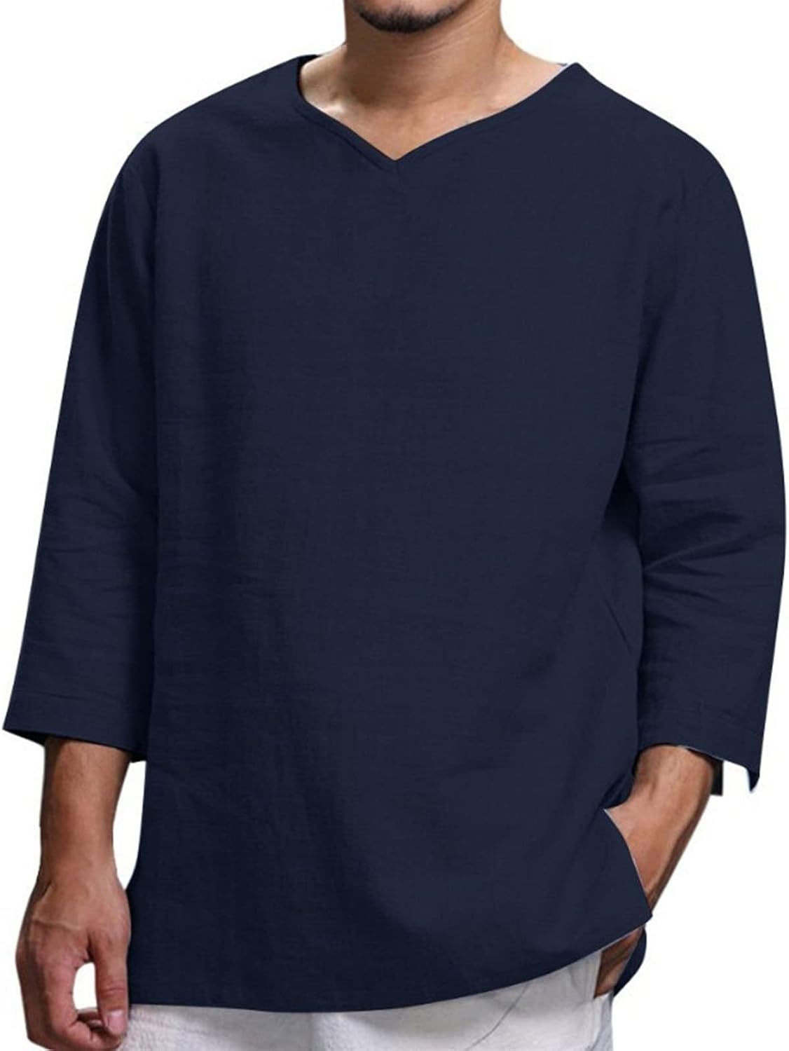 Men's Cotton Linen T Shirts Long Sleeve Loose Henley Shirts Casual Solid Band Collar Hippie Beach Shirt