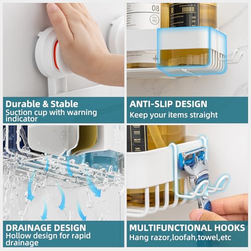 Image of TAILI Shower Caddy Suction Cup Rustproof Metal Visible indicator White | 2 Pack Rustproof,No Drilling Wall Mounted Basket, Upgraded Removable Suction Cup Bathroom Organizer Heavy Duty Shampoo