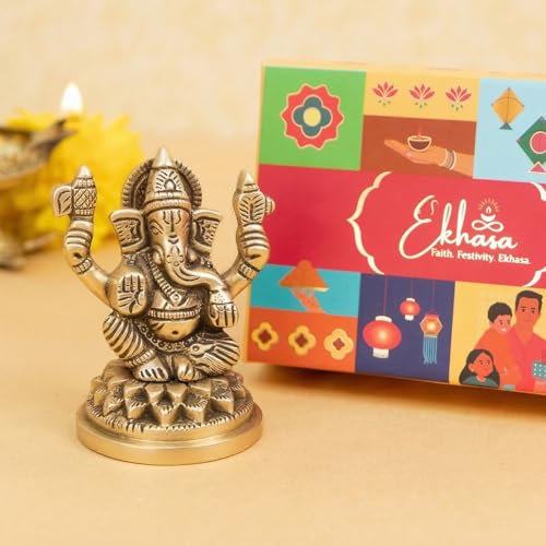 Image of Ekhasa 100% Pure Brass Ganesha Idol with Gift Box | Ganesh Murti Ganpati Idol for Pooja Mandir Home Decor | Religious Housewarming Grah Pravesh Diwali Wedding Gift