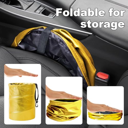 Image of Collapsible Trash Can Car Garbage Bag - Leather Pop-up Car Trash Bin with Elastic Band - Hanging Foldable Garbage Can Vehicle Waste Basket Bin - Double-Layer Washable Bag for Cars Camping (Gold)