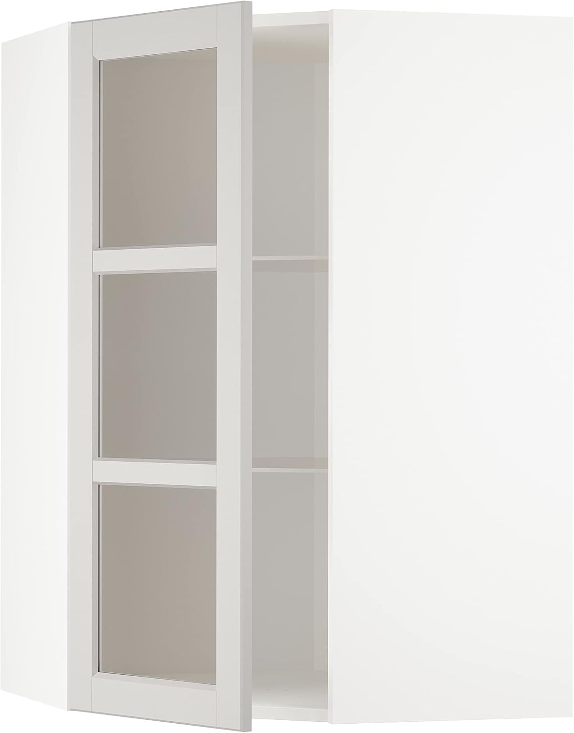 METOD Corner wall cab w shelves/glass dr, white/Lerhyttan light grey, 68x100 cm