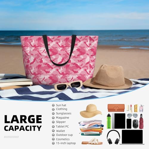 Large Beach Bags Water-resistant Sandproof - Pink Camouflage Cute Beach Tote Bags for Women with Zipper4
