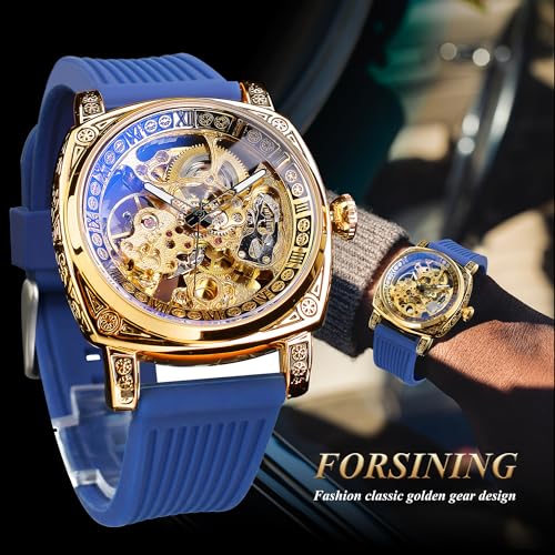 Image of FORSINING Fancy Watches for Men, Square Retro Mechanical Watch Self-Wind Carved, Gear Movement Golden Skeleton Automatic Watches Vintage Leather Strap Wrist Watch
