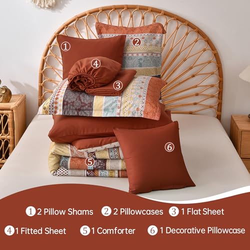 Image of Cottolester Boho Comforter Set King Size,8 Pieces Red and Orange Bohemian Striped Bed in a Bag,Paisley Soft Microfiber Bedding Comforter Set