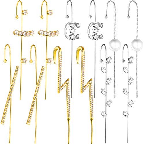 12 Pieces Ear Cuff Wrap Crawler Hook Earrings Ear Crawler Earrings Rhinestone Piercing Climber Earring for Christmas Valentine's Day Birthday, Gold and Silver
