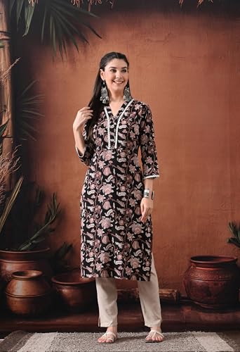 Image of Ichaa Women's Pure Cotton A-Line Ethnic V-Neck Kurta with 3 /4th Sleeve for Daily and Office Wear, in Plus Sizes