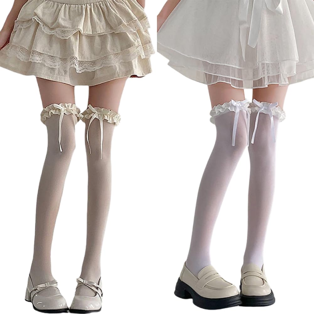 AKAMAS Ladies White Beige Ruffle Knee High Stockings, Breathable Frilly Nylon Over Knee Socks, Summer Cosplay Bowknot Socks