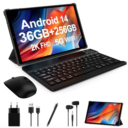 LEVIRTU Android 14 Tablet 10,3 Pulgadas, Octa-Core 2.0 GHz, 2K FHD, 2.4G+5G WiFi, 36GB RAM+256GB ROM (2TB TF), 8000mAh,13MP+8MP, GPS, Bluetooth 5.0, Face ID, Tablet con Teclado, Ratón(Gris)