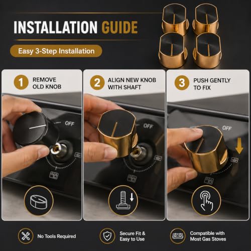 Image of Universal fit Knob for Gas Stove Replacement Parts | Long Lasting, Smooth Operation, Premium PVC On-Off Push Type 8 MM Spindle Black Knob for All Sleek Slim Modal Gas Stove (GOLD, PACK OF-4)