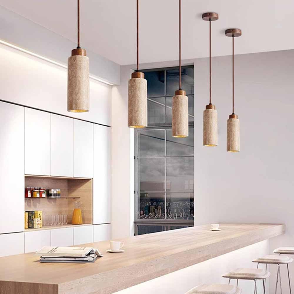 TRIVIDHA Lámpara Colgante Moderna De Tubo Largo con Piedra Lámpara Colgante De Piedra Cilíndrica Rústica para Isla De Cocina Lámpara Colgante De Altura Ajustable con Base De Madera para Comedor
