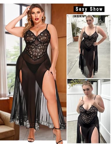 Avidlove Plus Size Lingerie for Women Sexy Lace Babydoll Long Lingerie Dress Side Split Nightgown3