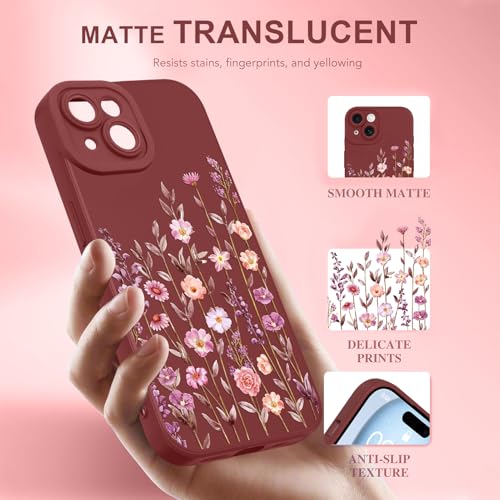 Image of Designed for iPhone 15 Case Flower for Women Girls, Wine Red | Cute Floral Pattern Liquid Silicone Phone Case [Full Camera Protection] Slim Soft TPU Protective Cover