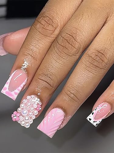 Image of Secret Lives Pink 3D Press On Nails - Glittery Pearl & Pink Leopard Print Wearable Artificial Nails