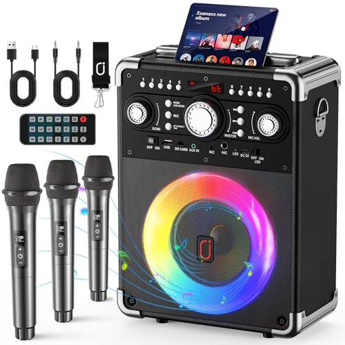 HWWR Karaoke Machine, Portable Bluetooth 5.3 Speaker with 3 Wireless Microphones for Adults, PA System with Echo Adjustment, Support TWS/TF Card/USB/AUX/TVs Connected for Home Party/Outdoor/Events etc