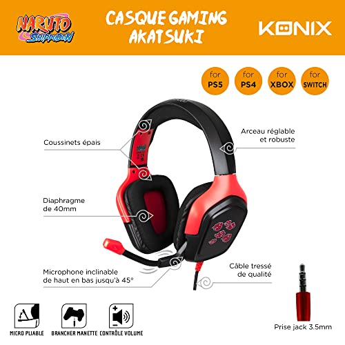 Casque audio Naruto Akatsuki Konix avec micro clair et câble 1.5m pour Switch