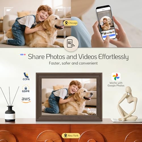 Image of NexFoto 3K Digital Picture Frame 13.5 inch Touchscreen, WiFi Electronic Photo Frame 64GB, Add Pics from Google Photos, Share Photos /Videos via App /USB, Gifts for Mom /Grandparents /Birthday, Walnut