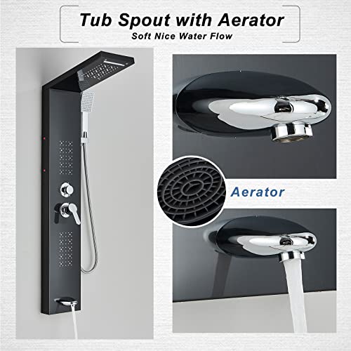 Fcoteeu Shower Panel Tower System With Led Rainfall Waterfall Head Led Full Body Jets System Handheld Shower Tub Spout Temperature Display Bathroom Shower Unit Column Stainless Steel, Black #TOP5