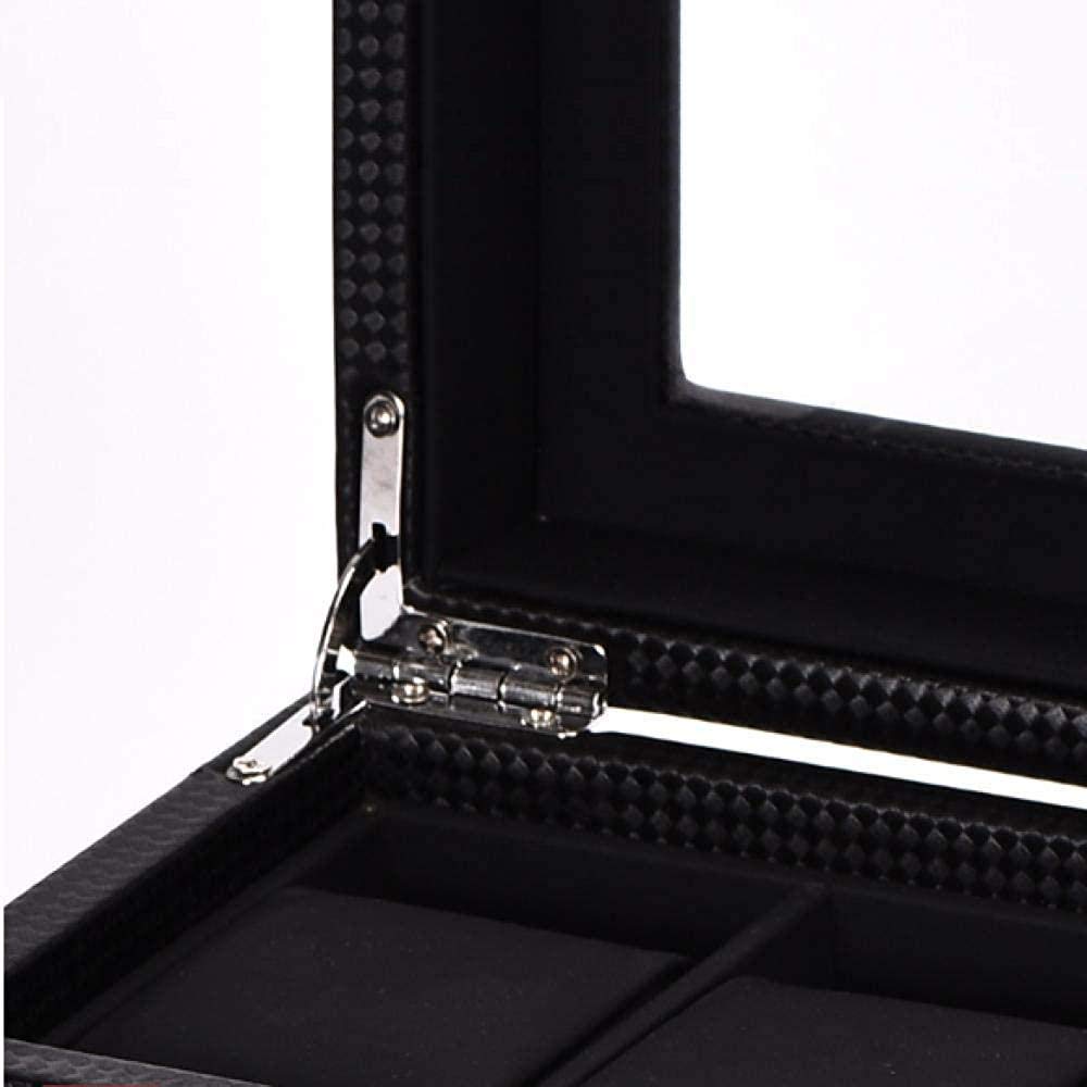 Uhrenbox mit Glasdeckel, 6-teilige Uhrenbox, Uhrenaufbewahrungsbox aus Kohlefaser, Schmuckdisplay, Aufbewahrungsbox für Männer und Frauen, Uhrengehäuse, 17,8 x 12,8 x 7,5 cm Safehappy
