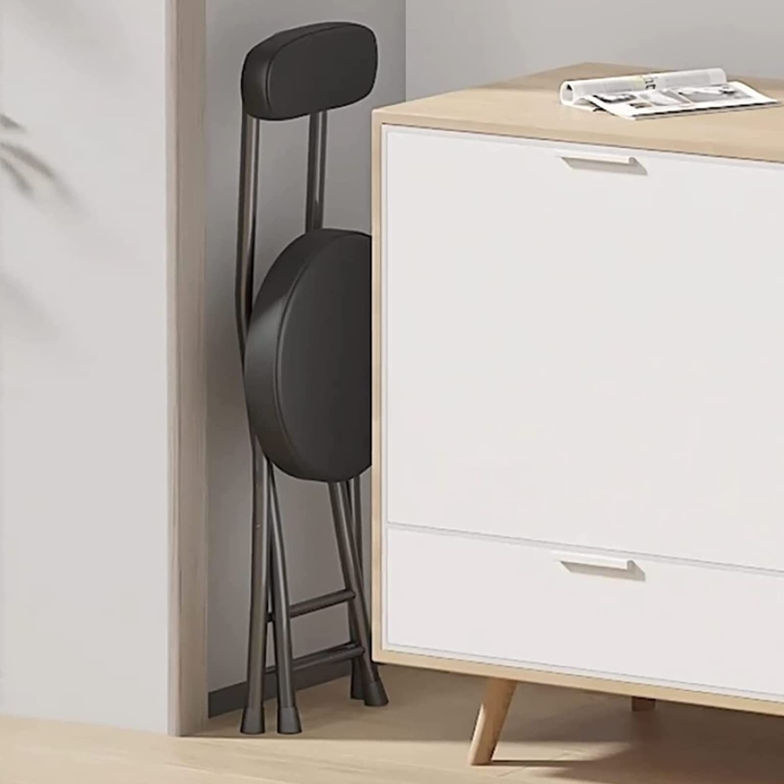 Tabouret Pliant en PU avec Dossier, Tabouret Rond Pliable et Rembourré, Chaise de Cuisine Portable et Pliable pour Le Bureau, La Table à Langer (Color : Black)
