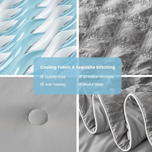 Cozy Bliss Cooling Comforter Queen Size Seersucker Plaid, Q-Max 0.4 Reversible Lightweight Cooling Blanket, Breathable Silk Smooth Summer Bedding Quilt for Hot Sleepers Night Sweats Dark Grey