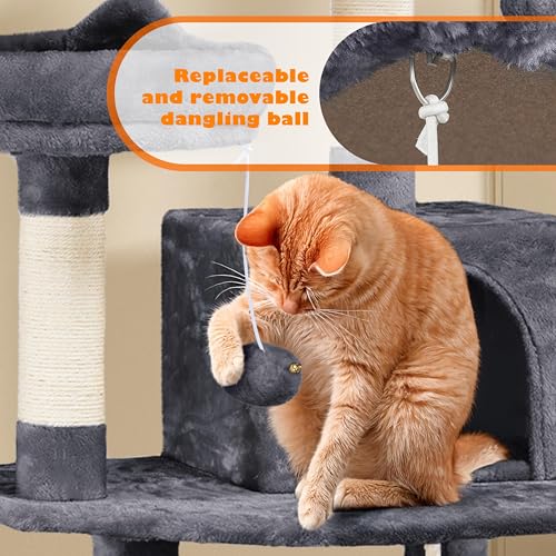 Yaheetech Cat Tree, 62.5in Multi-Level Cat Tower with 2 Cat-Ear Shaped Perches, 2 Cozy Condos, Scratching Posts & Hammock, Sturdy Indoor Activity Center for Multiple Cats, Dark Gray - Image 5