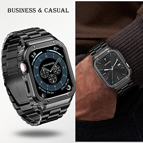 Image of MioHHR Stainless Steel Band and Case Compatible with Apple Watch Band 45mm | Men Metal Protective Bumper Cover with Straps for iWatch 45mm Series 9 /8 /7, Black