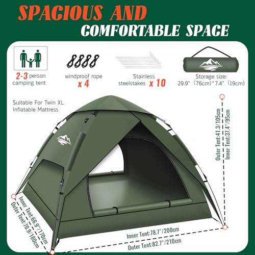 Purebox Pop Up Tents for Camping,2-3 Person Tent Easy Setup,Waterproof & Windproof Camping Tents, 60S Instant Double Layer Tent for Trekking, Family, Backpacking QBT64 の商品画像 6