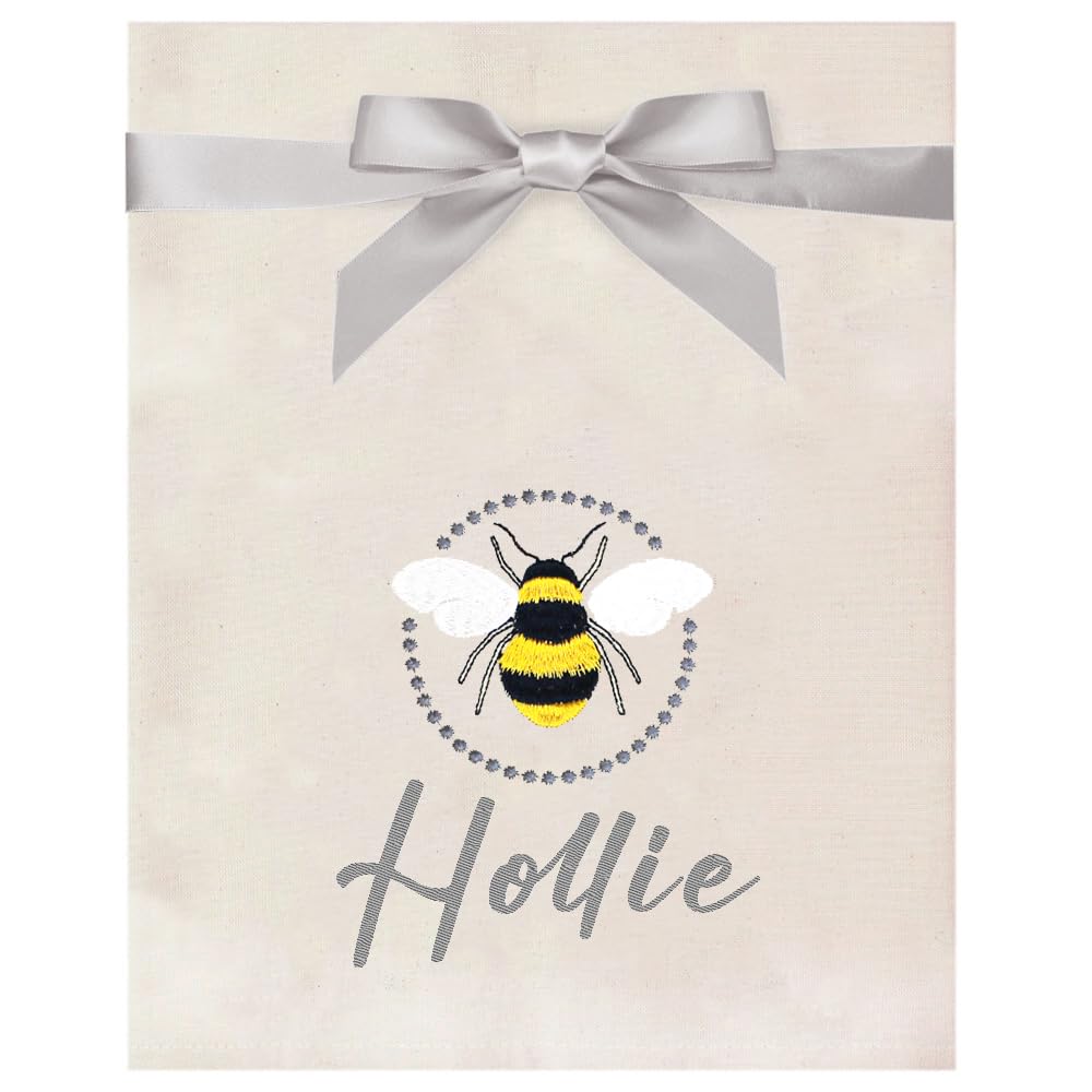 Teddyt's Natural, Cream Personalised Bumble Bee Embroidered Natural Tea Towel