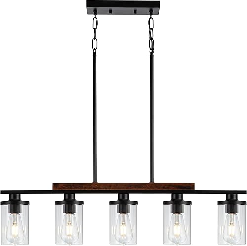 Miniatura 9 de NSRCE Lámpara de comedor de 5 luces, iluminación colgante para isla de cocina, mesa de comedor, sala de estar con pantalla de cristal, metal negro y