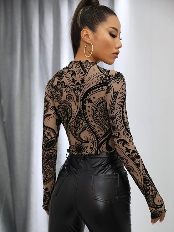 Image of ICW Women Long-Sleeves Round Neck Net Printed Transparent Mesh Sheer Crop Top T-Shirt DN38(Mix Print)