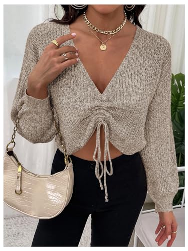 WDIRARA Women's Drawstring V Neck Sweater Long Sleeve Pullover Knit Crop Top4