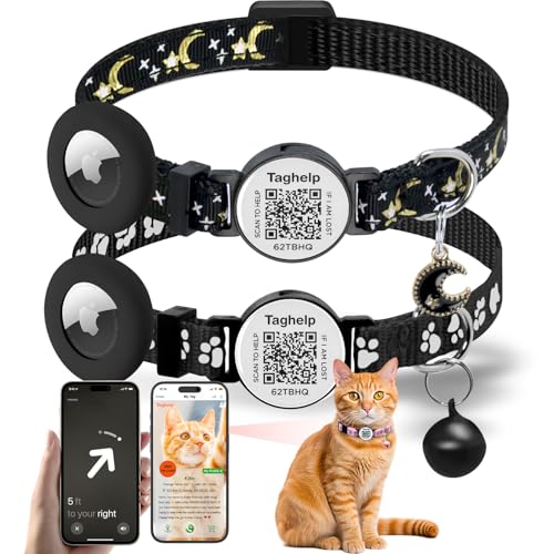 2PCS Breakaway Cat Collars with Bell Cute Star &Moon Safe Kitten Collars with Pendant Glow in The Dark,Airtag Holder Cat Collar with Smart ID tag & QR Code Reflective for GPS Boy Girl Cats (Black)