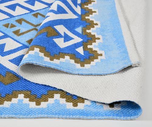 Image of SAGON 2x5 Ft Printed Runner Carpet - Cotton Bedside Rug for Bedroom & Living Room (Blue Southwestern)