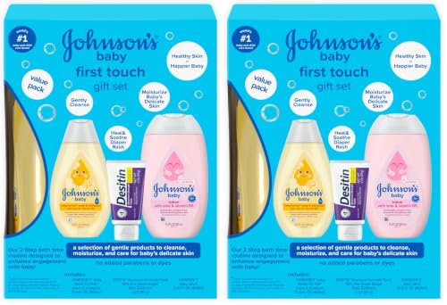 Image of Johnson's First Touch Baby Essentials Gift Set with Body Wash & Shampoo, Body Lotion, & Zinc Oxide Diaper Rash Cream for Baby's Delicate Skin, Hypoallergenic, No Parabens or Dyes, 3 Items (Pack of 2)