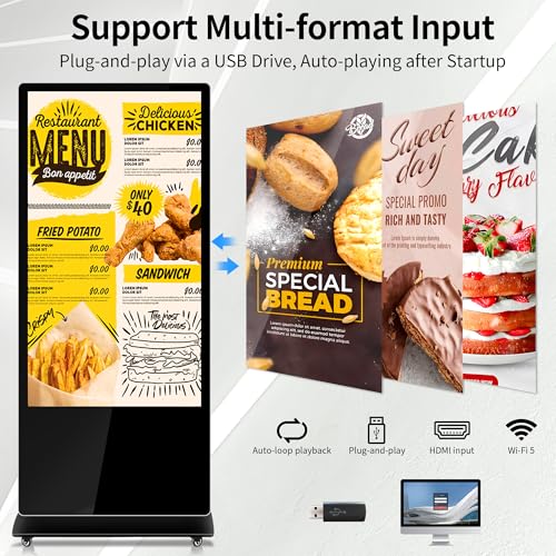 Image of 65 Inch Capacitive Touchscreen Digital Signage, 4K UHD Indoor Floor Standing Advertising Display Commercial LCD Monitor Interactive Kiosk with USB /HDMI-in, Android 11 (4+64GB)