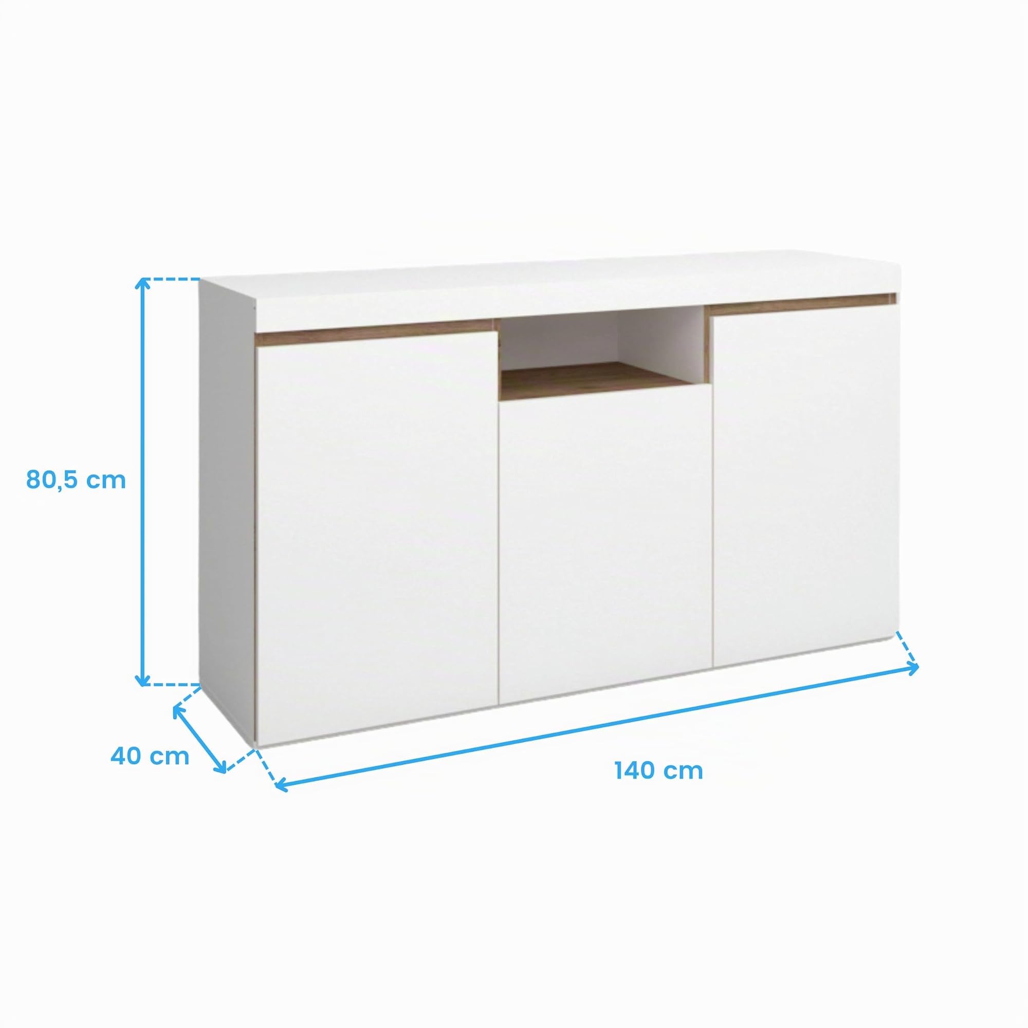 Fabrikit Mueble aparador Elis salón Comedor despacho Color Blanco Mate y Naturale 3 Puertas 1 Hueco 81x140x40 cm