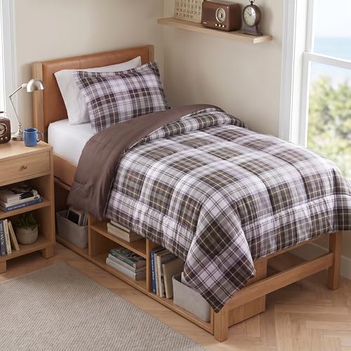 Image of Madison Park Essentials Parkston Plaid Comforter, Matching Sham, 3M Scotchguard Stain Release Cover, Hypoallergenic All Season Bedding-Set, Twin / Twin XL, Brown, 2 Piece