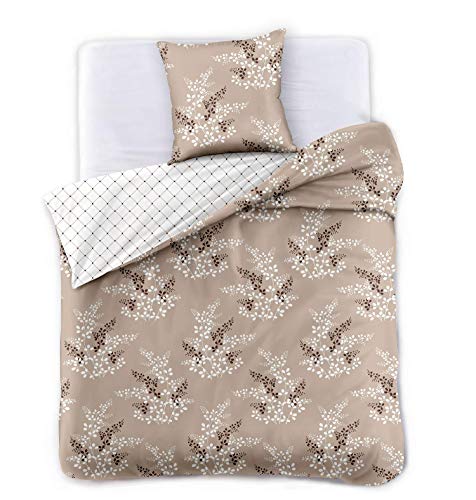 DecoKing Premium Ropa de Cama 137x200 cm 1 Funda de la Almohada 50x75 cm Funda Nórdica Microfibra Flor Planta Beige Capuchino Marrón Chocolate Blanco Calluna Hypnosis Collection