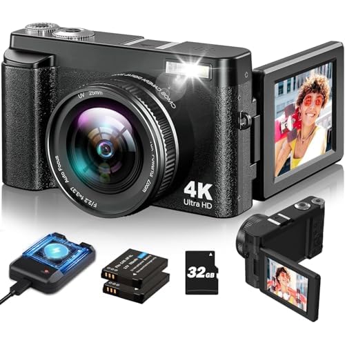 Appareil Photo Numérique 4K 48MP avec Ecran 3 » Rabattable de 180° Appareil Photo Compact Autofocus 16X Zoom Flash Intégré 20 Filtres Camera Digital avec 2 Batterie, 1 Adaptateur, 1 Carte de 32G