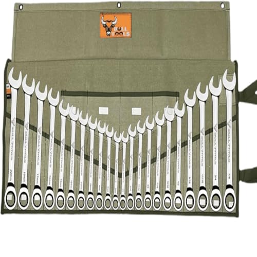 Image of Bull Tools Wrench & Tool Roll 22+4 pocket 100% Dyed 15 Oz. Cotton Duck Canvas (1 Piece, Sand washed Olive Drab) | Roll Up Wrench Bag, Combination Wrench Storage, Portable Tool Roll, Mechanic Gift, Garage Workshop Storage, Heavy Duty Canvas
