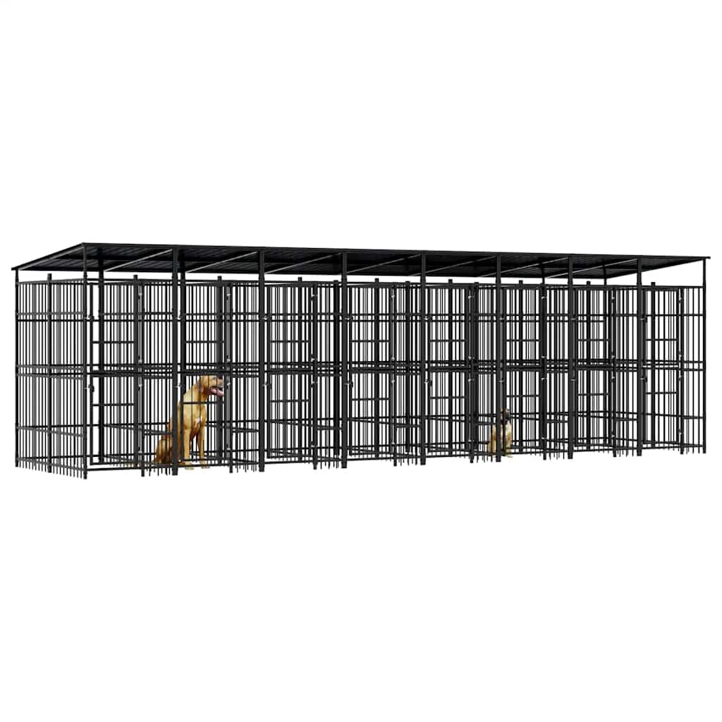 Canile da esterno con tetto per cani in acciaio 14,75 m² Recinto esterno per cani e cuccioli, gabbia per giardino