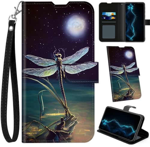 BVCLKJPOI Wallet Case for Samsung Galaxy A37 5G with Card Holder, RFID Blocking PU Leather Flip Folio with Kickstand, Wrist Strap, Shockproof Protective Phone Cover for Women Men, Moon Dragonfly