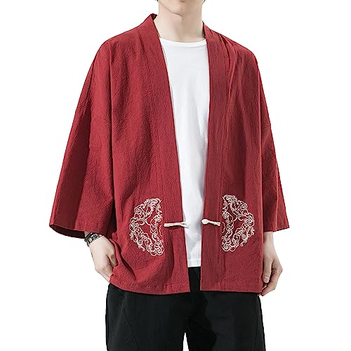 Image of Mens Kimono Cardigan Cotton Linen Japanese Shirt 3 /4 Sleeve Haori Yukata | Skin-Friendly Solid Color Lightweight Shawl Collar Kimono Robe Embroidery Button Tie Pockets Happi Coat All Season Daily Wear
