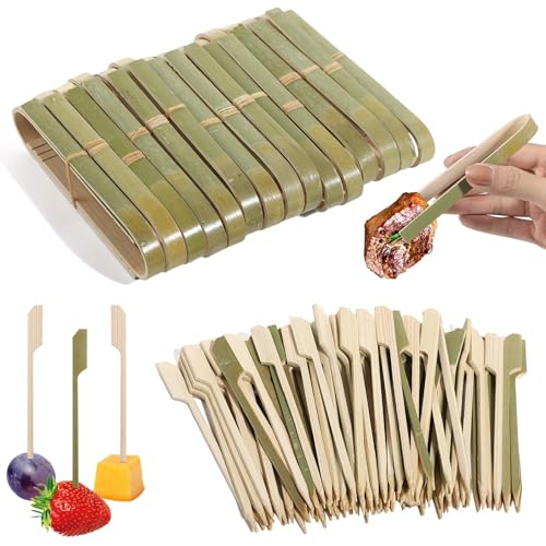 yeeplant Juego de 100 mini pinzas y palillos de dientes desechables de bambú, 4.7 pinzas para tostadas para bufés, uso doméstico, catering