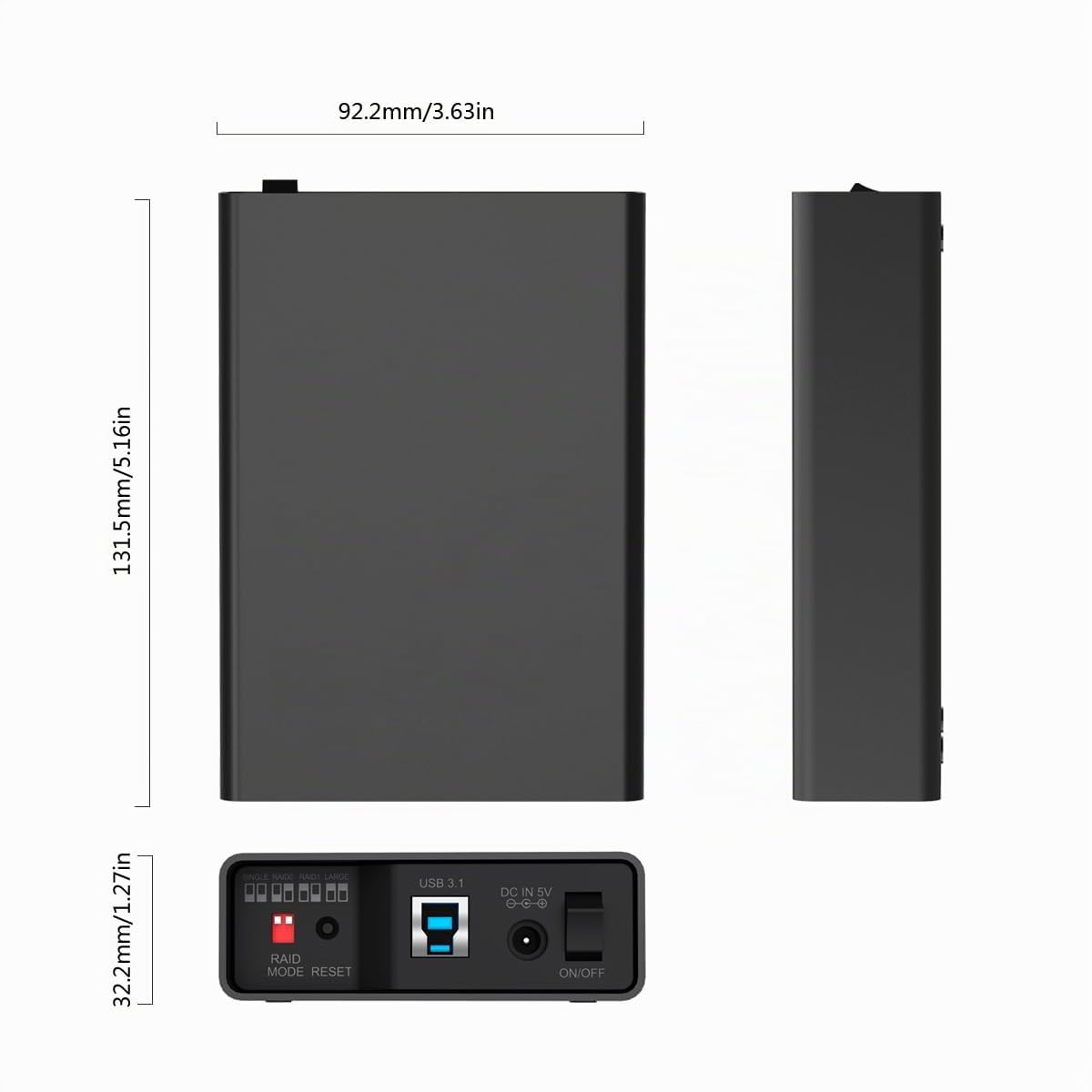 Enclosure RAID a 2 alloggiamenti RAID in alluminio per 2 SSD SATA da 2,5", USB 3.2 Gen2 (10 Gbit/s), alloggiamento in alluminio, RAID 0, RAID1, singolo, grande, 2 cavi USB-A, USB-C