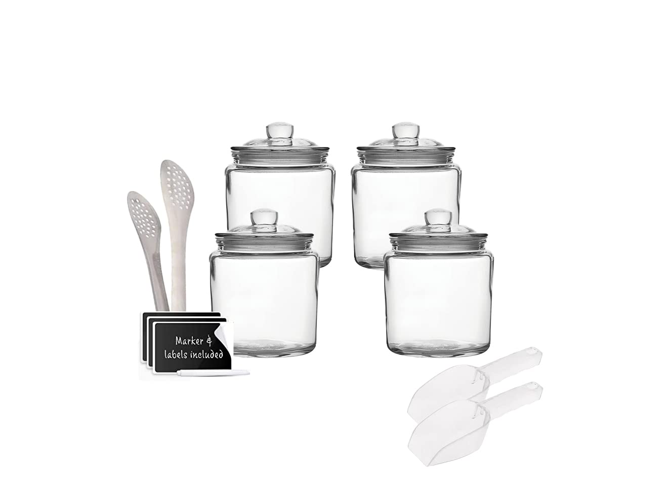 PESCADOR Glass Jars with Airtight Lids, Containers for Pantry, Bathroom Canisters, Dishwasher Safe, with 1 Chalk, 2 Shovels, 1 Tongs, and 3 Labels, 900 ml, Set of 4