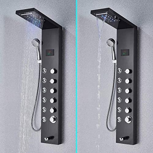 Columna de Ducha con Sistema LED Azul, Cabezal de Ducha Lluvia y Cascada, Chorros de Hidromasaje, Duchador de Mano, Salida para Bañera, Pantalla LED de Temperatura, 6 Mandos miniatura 4