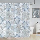 Neasow Light Blue and Navy Paisley Shower Curtain, Cool Teal Design Floral Bathroom Curtain Shower Curtains 72×72 inches