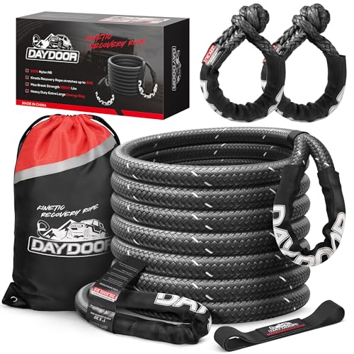 DAYDOOR Kinetic Recovery Rope Kit with 2 Soft Shackles 1 Inch x 30ft 38 500Lbs Offroad Snatch Strap 30% Elasticity High-Visibility Reflective for ATV UTV Truck 4x4 Offroad Vehicle (Gray)